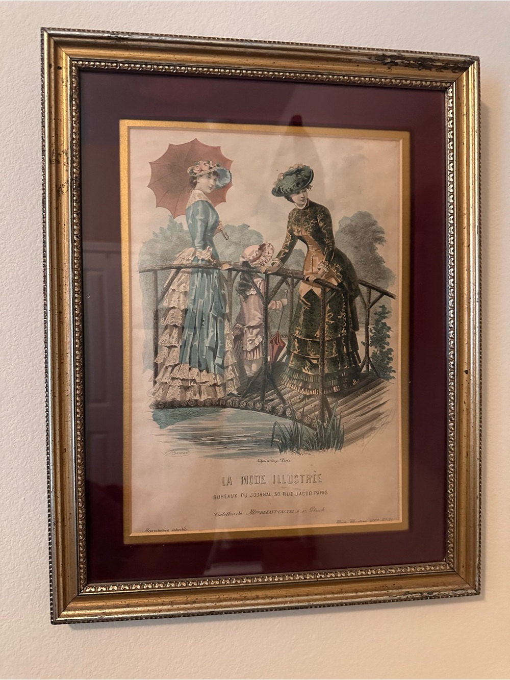 Vintage Style Framed Fashion Art Print in Burgundy and Gold